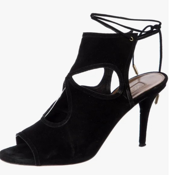 aquazzura Black Ankle Wrap Suede Stiletto Open Toe Shoe Size 39 1/2 - Picture 2 of 6